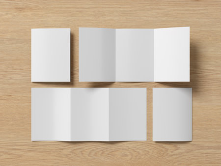 Vertical A5 trifold roll brochure booklet mockup on wooden background. 3D illustrationの写真素材