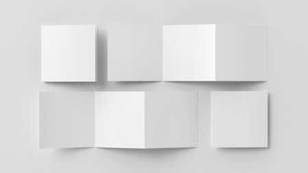 Square pages accordion or zigzag trifold brochure mockup on white background. Three panels, six pages leaflet. 3d illustrationの写真素材