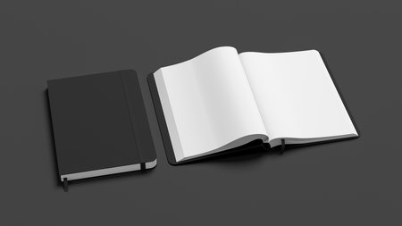 Black cover notebook and opened notebook mockup on gray background. 3d illustrationの写真素材