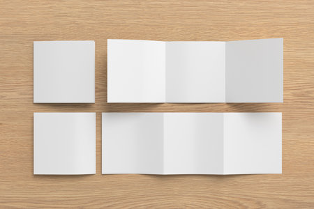 Square trifold roll brochure booklet mockup on wooden background. 3D illustrationの写真素材