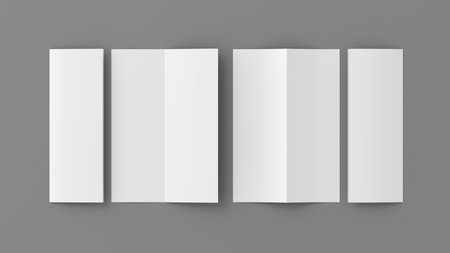 Half-folded flyer vertical booklet mockup on gray background. 3d illustrationの写真素材