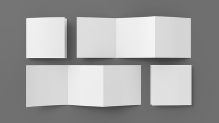 Square pages accordion or zigzag trifold brochure mockup on gray background. Three panels, six pages leaflet. 3d illustrationの写真素材
