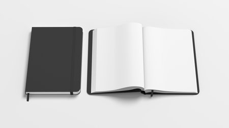 Black cover notebook and opened notebook mockup on white background. 3d illustrationの写真素材