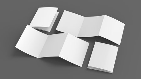 Vertical A5 pages accordion or zigzag trifold brochure mockup on gray background. Three panels, six pages leaflet. 3d illustrationの写真素材