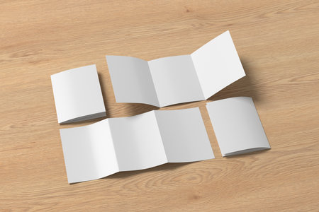Vertical A5 trifold roll brochure booklet mockup on wooden background. 3D illustrationの写真素材