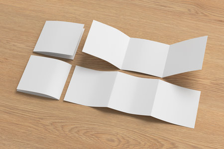 Square trifold roll brochure booklet mockup on wooden background. 3D illustrationの写真素材