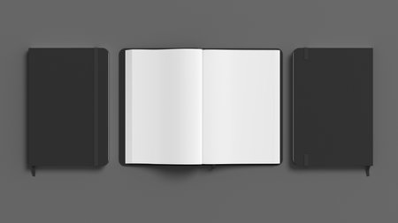 Black cover notebook and opened notebook mockup on gray background. 3d illustrationの写真素材