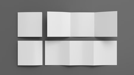 Square trifold roll brochure booklet mockup on gray background. 3D illustrationの写真素材