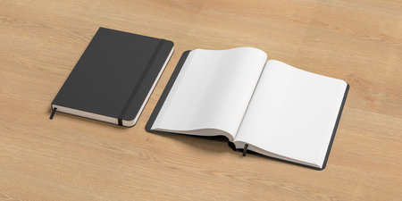 Black cover notebook and opened notebook mockup on wooden background. 3d illustrationの写真素材
