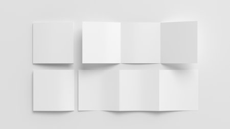 Square trifold roll brochure booklet mockup on white background. 3D illustrationの写真素材