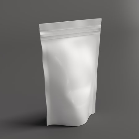 White packaging pouch mockup for tea, coffee, snack on gray background. Branding mockup. 3d illustrationの写真素材