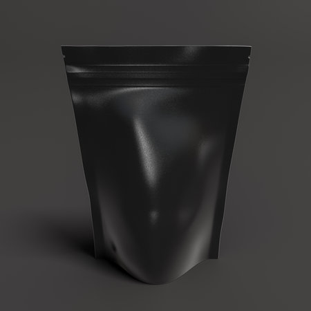 Black packaging pouch mockup for tea, coffee, snack on gray background. Branding mockup. 3d illustrationの写真素材