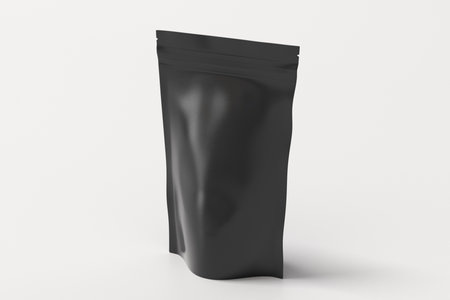 Black packaging pouch mockup for tea, coffee, snack on white background. Branding mockup. 3d illustrationの写真素材