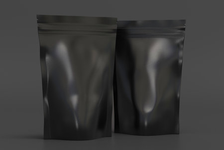 Black packaging pouches mockup for tea, coffee, snack on gray background. Branding mockup. 3d illustrationの写真素材
