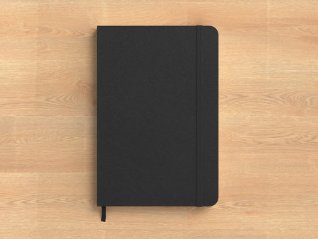 Black cover notebook mockup on wooden background. 3d illustrationの写真素材