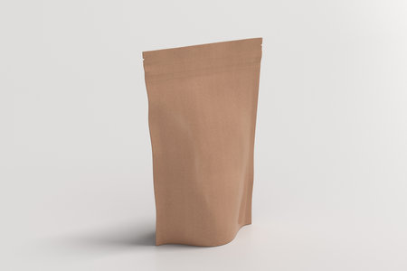 Craft packaging pouch mockup for tea, coffee, snack on white background. Branding mockup. 3d illustrationの写真素材