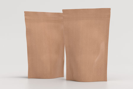 Craft packaging pouches mockup for tea, coffee, snack on white background. Branding mockup. 3d illustrationの写真素材