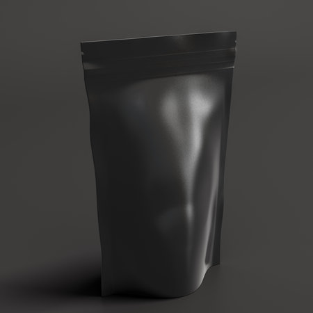 Black packaging pouch mockup for tea, coffee, snack on gray background. Branding mockup. 3d illustrationの写真素材