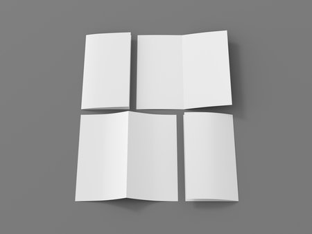 Half-folded flyer vertical booklet mockup on gray background. 3d illustrationの写真素材