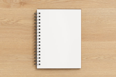 Notebook mockup. Opened blank notebook with craft paper cover. Spiral notepad on wooden background. 3d illustrationの写真素材