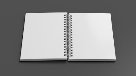 Notebook mockup. Blank notebook with black cover. Spiral notepad on gray background. 3d illustrationの写真素材