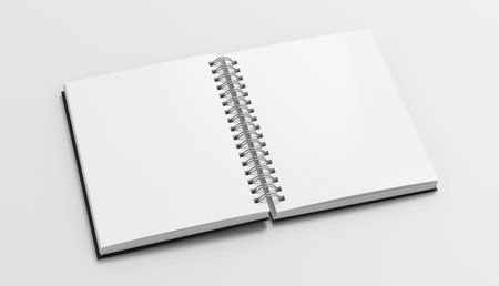 Notebook mockup. Blank notebook with black cover. Spiral notepad on white background. 3d illustrationの写真素材