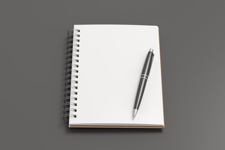 Notebook mockup. Opened blank notebook and pen. Spiral notepad on gray background. 3d illustrationの写真素材