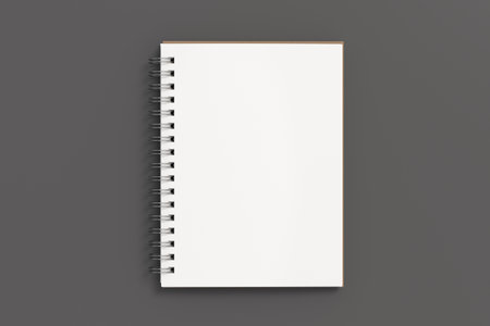 Notebook mockup. Opened blank notebook with craft paper cover. Spiral notepad on gray background. 3d illustrationの写真素材