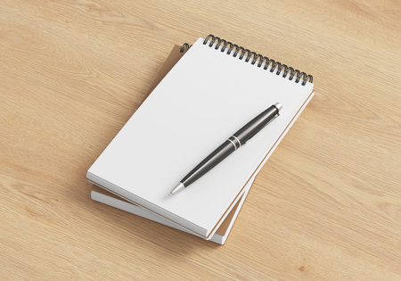 Notebook mockup. Two notebooks in a stack and pen. Spiral notepad on wooden background. 3d illustrationの写真素材