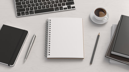Notebook mockup. Blank workplace notebook. Spiral notepad on white wooden desk. 3d illustrationの写真素材