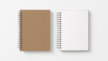 Notebook mockup. Closed and open blank notebook with craft paper cover. Spiral notepad on white background. 3d illustrationの写真素材