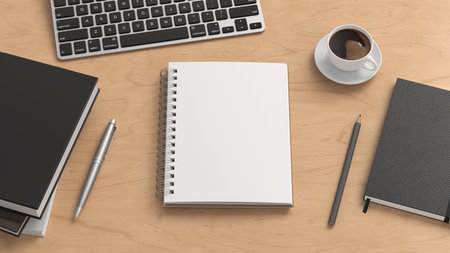 Notebook mockup. Blank workplace notebook. Spiral notepad on wooden desk. 3d illustrationの写真素材