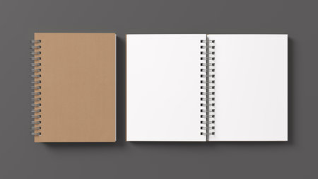 Notebook mockup. Closed and open blank notebook with craft paper cover. Spiral notepad on gray background. 3d illustrationの写真素材