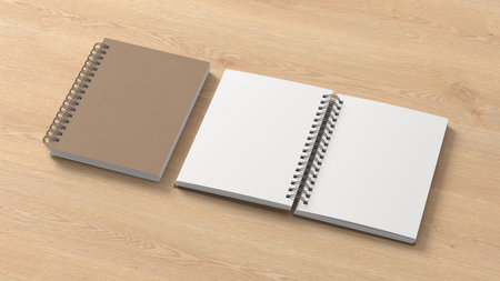 Notebook mockup. Closed and open blank notebook with craft paper cover. Spiral notepad on wooden background. 3d illustrationの写真素材