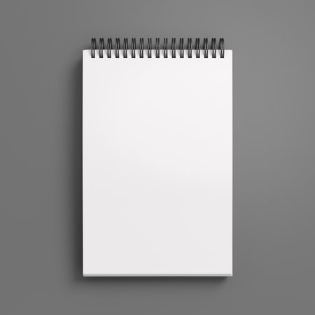 Notebook mockup. Blank workplace notebook. Spiral notepad on gray background. 3d illustrationの写真素材