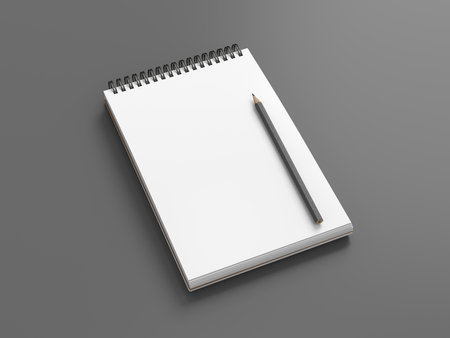 Notebook mockup. Blank notebook and pencil. Spiral notepad on gray background. 3d illustrationの写真素材