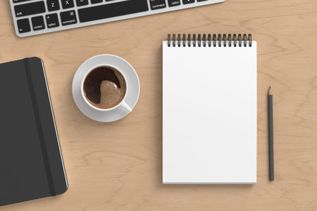 Notebook mockup. Blank workplace notebook. Spiral notepad on wooden desk. 3d illustrationの写真素材