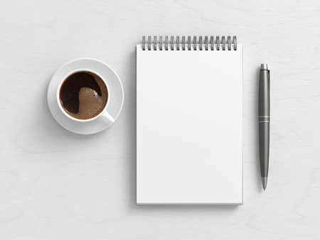 Notebook mockup. Blank workplace notebook. Spiral notepad on white wooden desk. 3d illustrationの写真素材