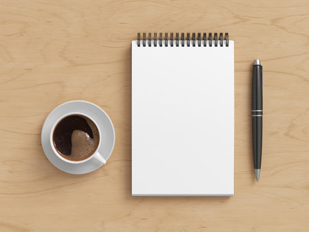 Notebook mockup. Blank workplace notebook. Spiral notepad on wooden desk. 3d illustrationの写真素材