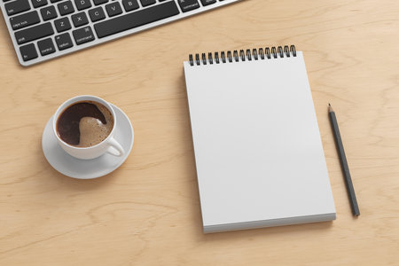 Notebook mockup. Blank workplace notebook. Spiral notepad on wooden desk. 3d illustrationの写真素材