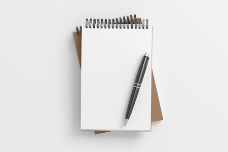Notebook mockup. Two notebooks in a stack and pen. Spiral notepad on white background. 3d illustrationの写真素材