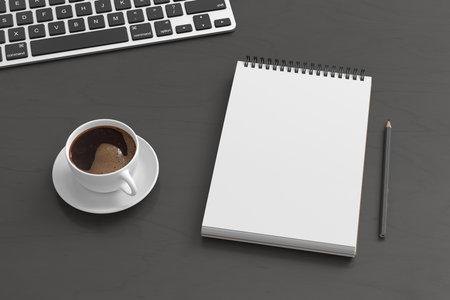 Notebook mockup. Blank workplace notebook. Spiral notepad on dark wooden desk. 3d illustrationの写真素材