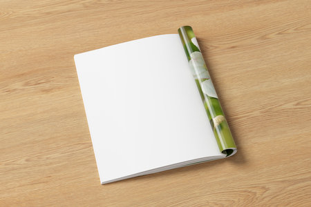Magazine left-hand page mockup on wooden background. 3d illustrationの写真素材
