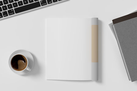 Magazine left-hand page mockup on white workplace desk. 3d illustrationの写真素材