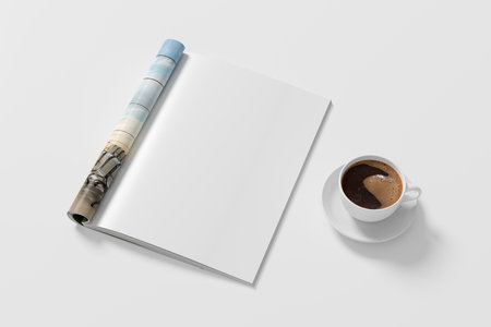 Magazine right-hand page mockup and cup of coffee on white desk. 3d illustrationの写真素材