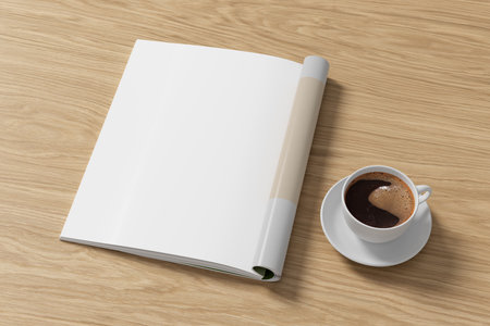 Magazine left-hand page mockup and cup of coffee on wooden desk. 3d illustrationの写真素材