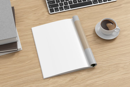 Magazine left-hand page mockup on wooden workplace desk. 3d illustrationの写真素材