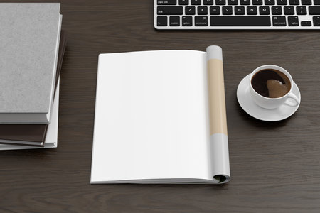 Magazine left-hand page mockup on black wooden workplace desk. 3d illustrationの写真素材