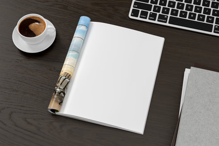 Magazine right-hand page mockup on black wooden workplace desk. 3d illustrationの写真素材