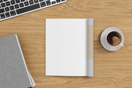 Magazine left-hand page mockup on wooden workplace desk. 3d illustrationの写真素材